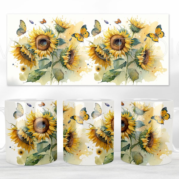 Sunflowers Mug Press Sublimation Design, Sunflower Mug Sublimation, Flowers Butterfly Watercolor Mug Full Wrap Template, flower Arranging png