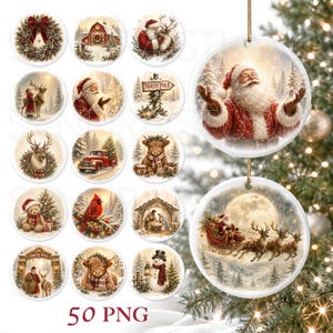 May include: A collection of circular Christmas ornaments featuring various holiday illustrations including Santa Claus, reindeer, a snowman, a red truck, a cardinal, and a nativity scene, with two larger ornaments hanging on a string against a tree.