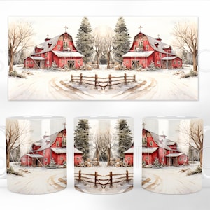 May include: Two red barns with white trim and a cross on the roof are surrounded by snow-covered fields and pine trees. The scene is a winter wonderland with a wooden fence in the foreground.