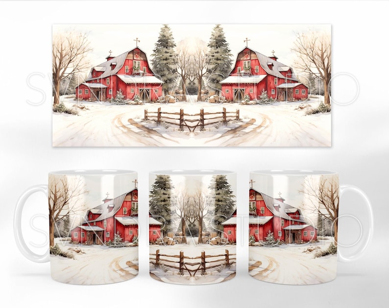May include: Two red barns with white trim and a cross on the roof are surrounded by snow-covered fields and pine trees. The scene is a winter wonderland with a wooden fence in the foreground.
