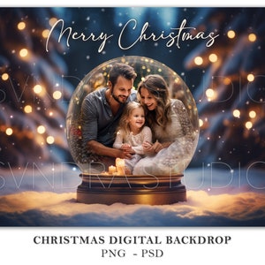 Kerst digitale achtergrond, kerst digitale achtergrondfotografie, kerst digitale overlay, kerstsneeuwbol PNG PSD-sjabloon