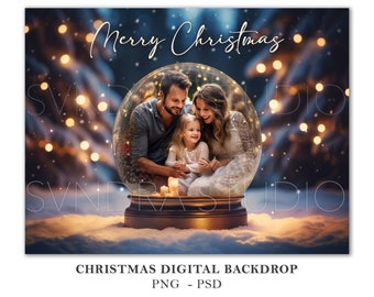 Christmas Digital Backdrop, Christmas Digital Background Photography, Christmas Digital Overlay, Christmas Snow Globe PNG PSD Template