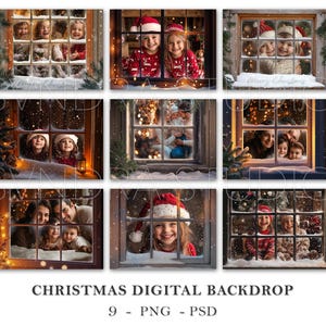 May include: Nine digital Christmas backdrops featuring families and children in front of windows decorated with snow and lights. The backdrops are perfect for creating festive holiday photos.