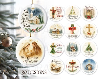 Peut inclure: Une collection de trente décorations de Noël rondes en céramique blanche présentant diverses illustrations religieuses, dont des scènes de nativité, des croix, des églises et des textes comme Oh Come Let Us Adore Him et The Greatest Gift of All.