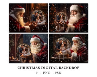 Cenário digital de Natal com Papai Noel, fundo digital para fotografia de Natal, pacote de sobreposições digitais de Natal, globo de neve de Natal em PNG e PSD.