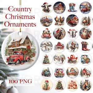 Country Christmas Ornaments png, Farm Christmas Ornament png, Vintage Round Ornament png, Christmas Ornament Sublimation Bundle png