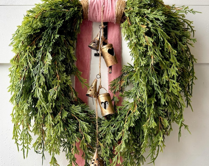 Featured listing image: Soft Cedar Wreath with Handmade Rustic Tin Bells and Frayed Edge Velvet Ribbon for Door, Entryway, and Home Interior Decor