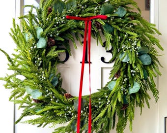 Real Touch Norfolk Pine & Lebanon Cedar Wreath with Juniper Berry and Accents of Pine Cone and Eucalyptus with Customizable Velvet Ribbon