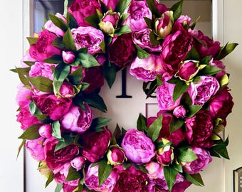 Magenta & Cerise Peony Wreath: Multi Pink Peony Wreath for Front Door, Entryway, or Interior Decor
