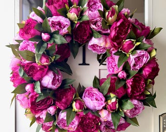 Multi Pink Magenta & Cerise Peony Wreath for Front Door, Entryway, Seasonal Decor, Housewarming Gift