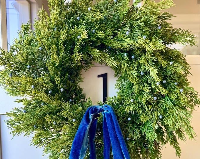 Featured listing image: Soft Cedar Wreath: Artificial Cedar and Berry with Velvet Ribbon