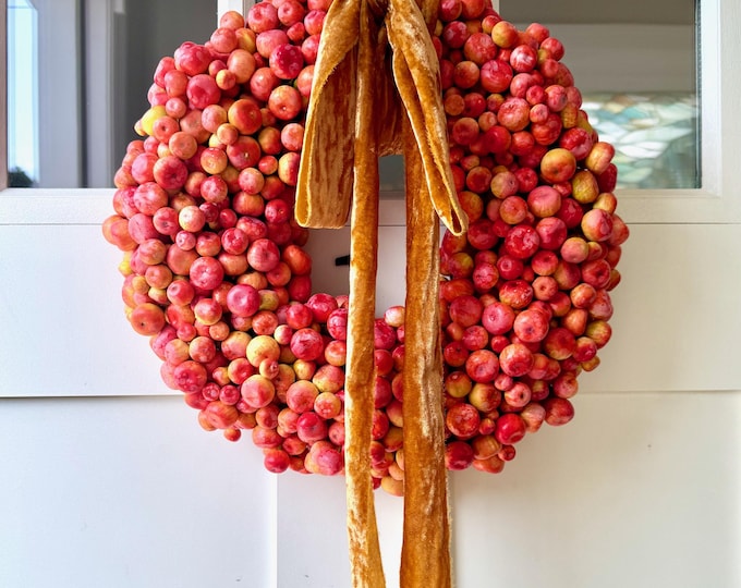 Featured listing image: Fall Berry Wreath: Faux Orange Berries with Golden Orange Frayed-Edge Velvet Ribbon Autumn Wreath for Front Door or Entryway