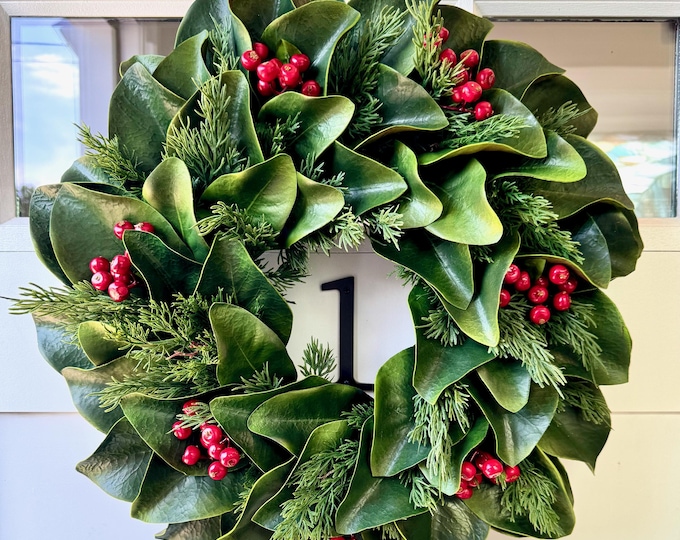 Featured listing image: Christmas Magnolia, Cedar, & Red Hawthorn Berry Wreath: Faux Magnolia Leaf, Real Touch Cedar, Hawthorn Berry Front Door and Entryway Wreath