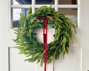 Real Touch Norfolk Pine & Cedar Wreath with Velvet Ribbon Front Door and Interior Decor