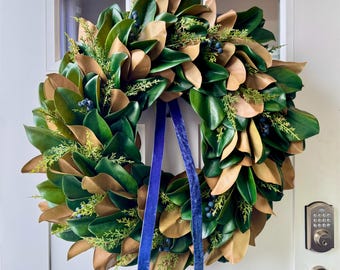Magnolia, Soft Cedar, & Blue Berry Wreath: Faux Lifelike Magnolia Leaf, Soft Touch Cedar, Blue Berry Front Door and Entryway Wreath