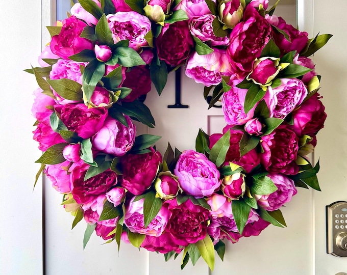 Featured listing image: Magenta & Cerise Peony Wreath: Multi Pink Peony Wreath for Front Door, Entryway, or Interior Decor