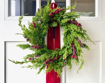 Winter Cedar Wreath: Artificial Green Cedar, Red & Burgundy Ice Berries, Frayed Edge Velvet Ribbon, Christmas Door or Entryway Wreath