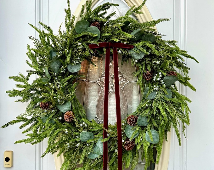 Featured listing image: Real Touch Pine & Eucalyptus Wreath: Fir, Pinecone, Velvet Ribbon Front Door Decor