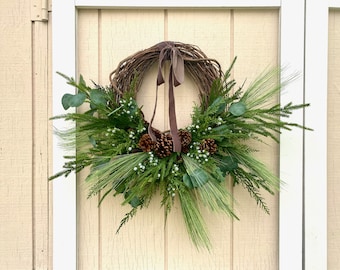 Handcrafted Real Touch Fir & Pinecone Wreath: Rustic Winter Door Decor