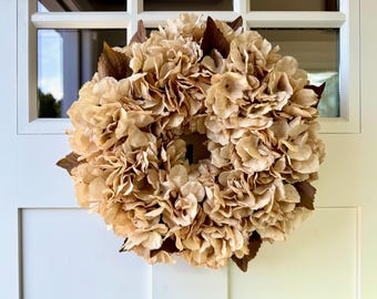 Fall Hydrangea Wreath: Faux Dried Soft Ivory Hydrangeas for Front Door or Entryway