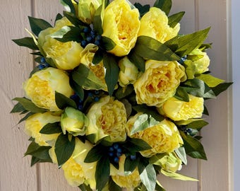 Yellow Peony & Blueberry Wreath: Vibrant Yellow Peony Spring to Summer Wreath for Front Door, Entryway, or Interior Decor