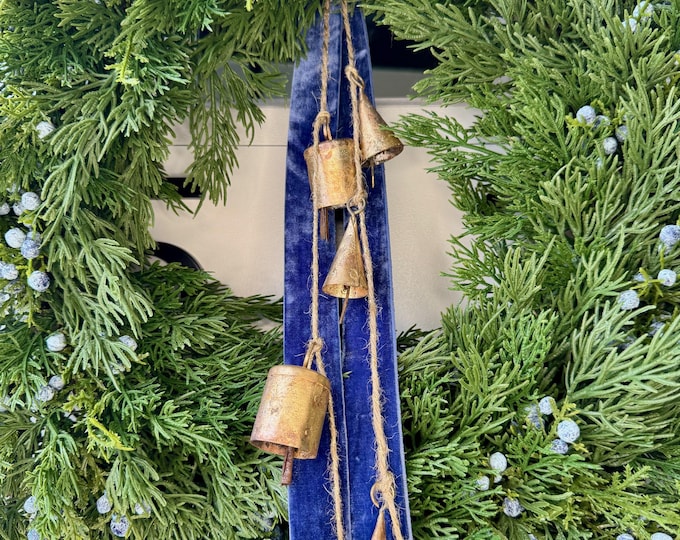 Featured listing image: Realistic Soft Cedar & Juniper Berry Wreath with Double-faced Velvet Ribbon and Handcrafted Antique Bells for Holiday Door or Home Decor