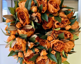 Coffee Peony Fall Wreath: Burnt Orange Peonies, Bronze Glittered Bay Leaves & Velvet Ribbon Front Door or Entryway Wreath