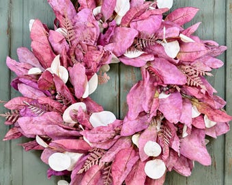 Fall Leaf Wreath: Faux Dried Pink & Gold Leaves, Rose Gold Fern, Cream Eucalyptus, Mauve Berry Autumn Door and Entryway Wreath