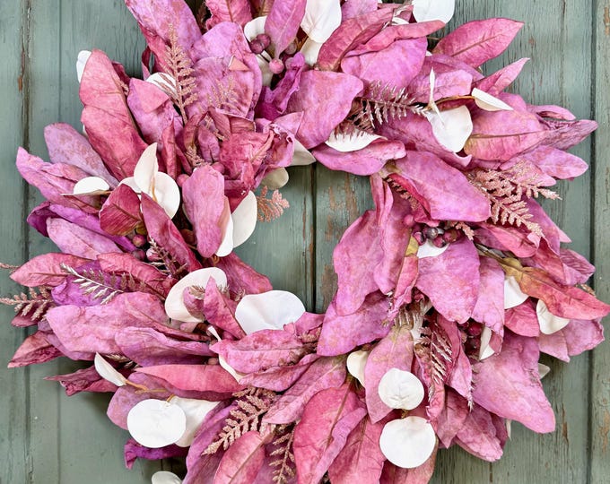 Featured listing image: Fall Leaf Wreath: Faux Dried Pink & Gold Leaves, Rose Gold Fern, Cream Eucalyptus, Mauve Berry Autumn Door and Entryway Wreath