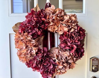 Fall Hydrangea Wreath: Burgundy, Mauve, and Maroon Velvet Ribbon