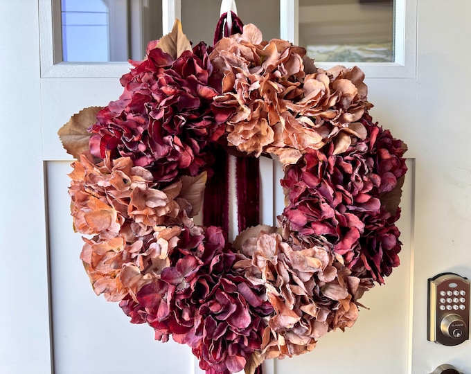 Featured listing image: Fall Hydrangea Wreath: Burgundy, Mauve, and Maroon Velvet Ribbon