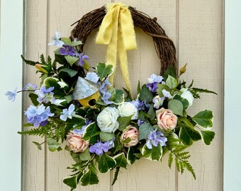 White Rose, Salmon Pink Rose, Purple Cherry Blossom, Pothos Leaves, Fern, Ficus Stem, Birdhouse, Chiffon Ribbon, Wreath, Door Hanger
