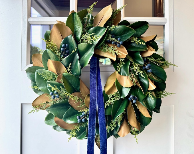 Featured listing image: Holiday Magnolia, Soft Cedar, & Blue Berry Wreath: Faux Lifelike Magnolia Leaf, Soft Touch Cedar, Blue Berry Front Door and Entryway Wreath