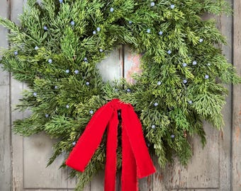 Soft Cedar Wreath: Artificial Cedar, Berry, & Frayed-Edge Velvet, Christmas and Winter Front Door Wreath, Realistic Soft Cedar Berry Wreath