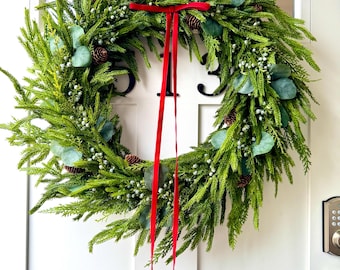 Real Touch Pine & Eucalyptus Wreath: Fir, Pinecone, Velvet Ribbon Front Door Decor