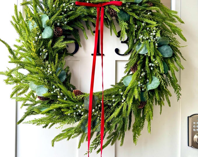 Featured listing image: Real Touch Pine & Eucalyptus Wreath: Fir, Pinecone, Velvet Ribbon Front Door Decor