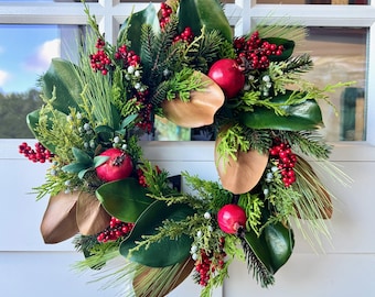 Winter Magnolia Wreath: Real Touch Magnolia Leaf, Long Needle Pine, Juniper Berry, Cedar, Spruce, Pomegranate, & Berry Cluster Door Wreath