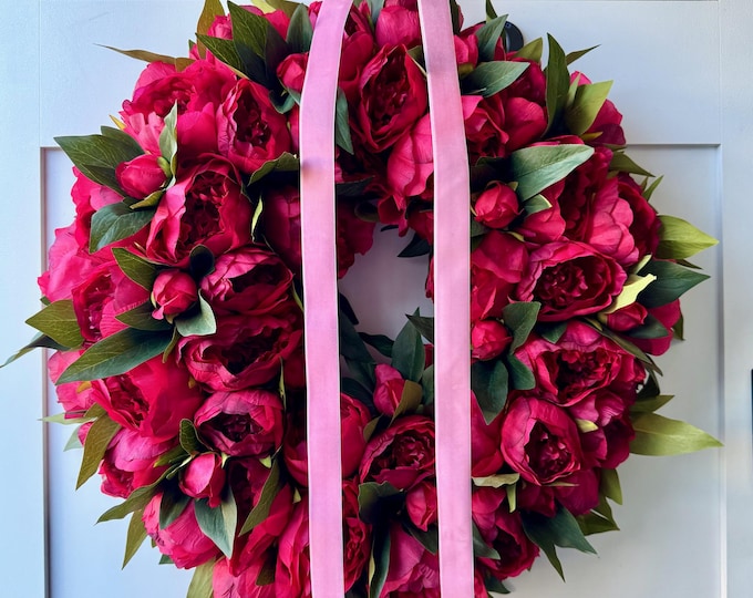 Featured listing image: Red Peony Wreath: Velvet Ribbon, Large Front Door Decor
