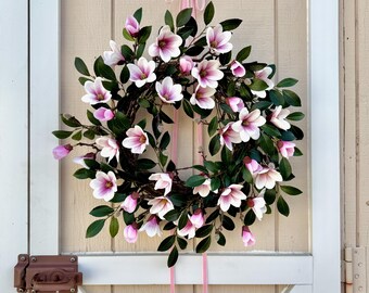 Magnolia Wreath: Pink Tulip Blooms & Ruscus Leaves, Spring Decor