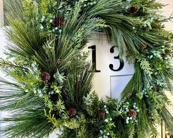 Real Touch Rustic Fir Winter Wreath: Faux Spruce, Blue Seeded Juniper, Soft Cedar Pine, Green Juniper, & Pinecone Wreath for Front Door