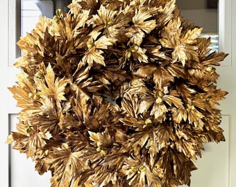 Antique Gold Maple Leaf Wreath: Large Faux Gold Maple Leaf Winter Wreath for Front Door or Entryway