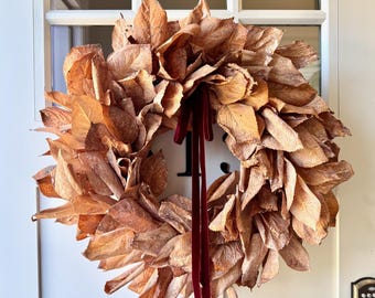 Fall Dried Leaf Wreath: Multi-toned Brown Faux Dried Leaves & Velvet Ribbon Autumn Front Door and Entryway Wreath