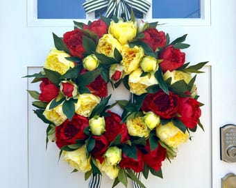 Red & Yellow Peony Spring and Summer Wreath for Front Door, Entryway, or Home Decor