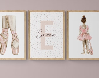 Set 3 Affiches Personnalisée naissance bébé - Prénom - Ballerine - Danseuse - Décoration murale - Chambre Enfant Fille PDF ou imprimée