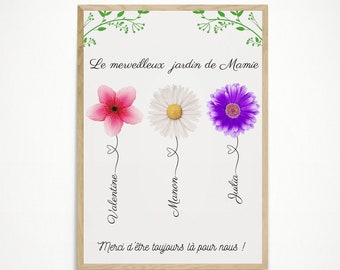 Affiche personnalisée bonne fête mamie - Cadeau fête des grands mères - Décoration murale -petits enfants on t'aime - prénom fleurs coeur