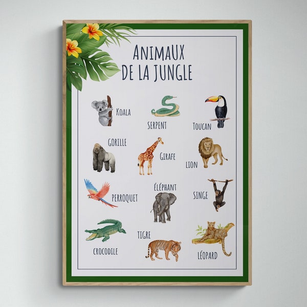 Affiche ludique, éducative, abécédaire - décoration chambre enfant -crèche, assistante maternelle -Animaux de la jungle - imprimée ou en PDF