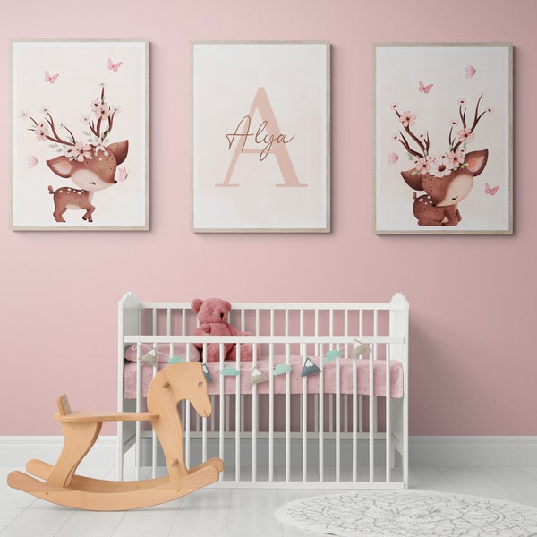 Set 3 Affiches - Biche aquarelle personnalisée - Initiale, prénom - Décoration mural chambre enfant fille - Cadeau Naissance - Affiche bébé