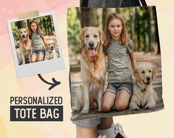 Custom Photo Canvas Tote Bag with Personalized Picture - Young Girl & Golden Retrievers Park Scene - Personalized Gift Idea"