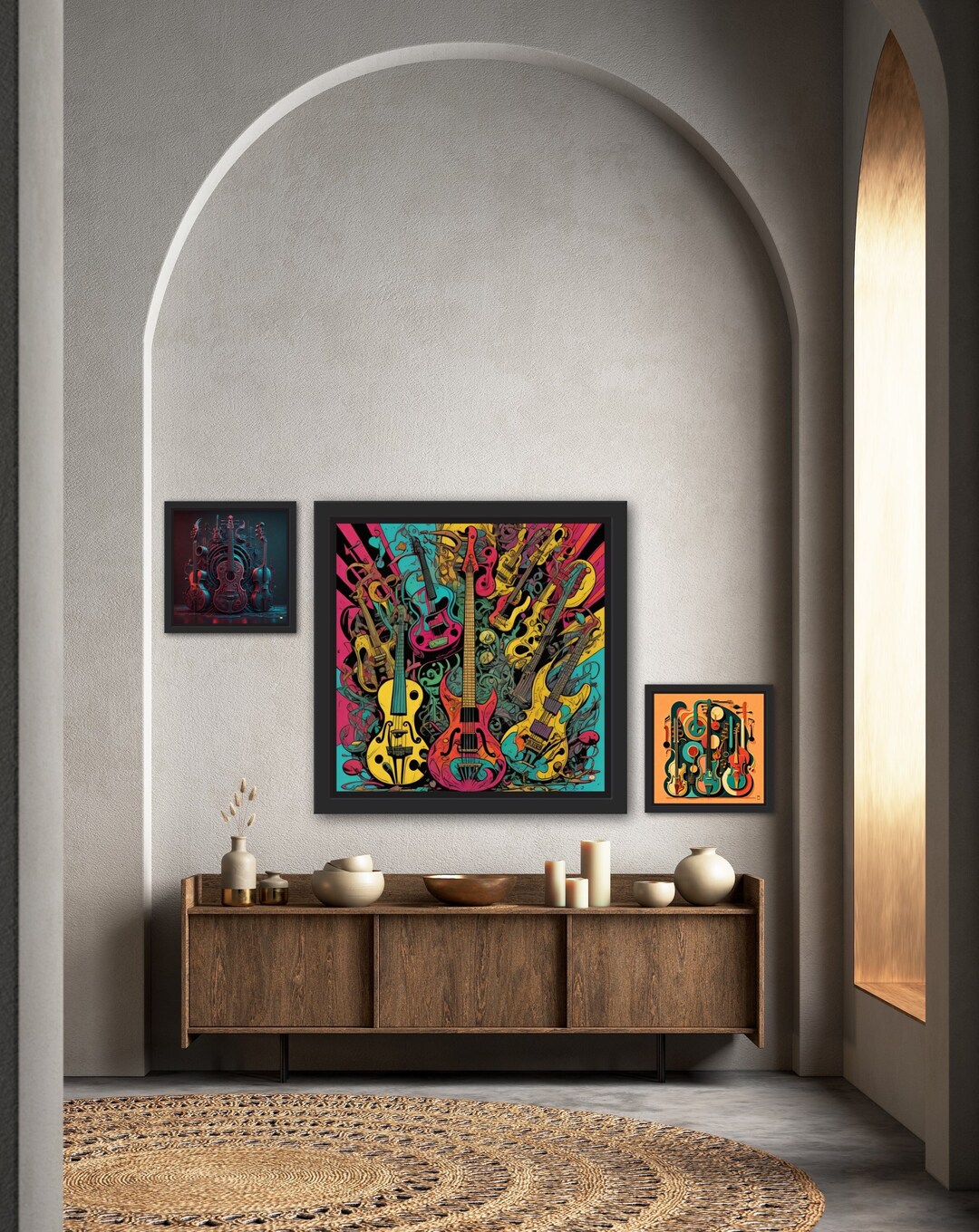 Three Guitars Tales Galleria Wall Art Set Di 3 Stampe, Quadro Moderno