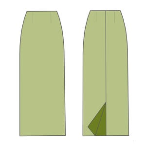 Op de afbeelding: Een groene rok met een split aan de voorkant. De rok is gevoerd met een groene stof.